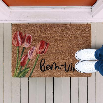 Imagem de Capacho de Fibra de Coco Pvc Pintado Bem Vindo Tulipas 40cm X 60cm
