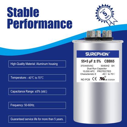 Imagem de Capacitor SUREPHON 55+5uF 370V/440VAC Dual Run Start CBB65