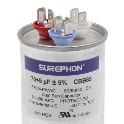 Imagem de Capacitor SUREPHON 70/5uF 370V ou 440V CBB65B para unidade AC