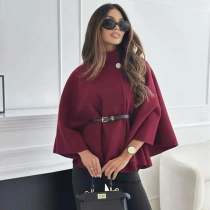 Imagem de Capas Poncho Pretas com Manga Morcego para Mulheres - Moda Inverno com Cinto