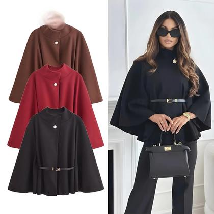Imagem de Capas Poncho Pretas com Manga Morcego para Mulheres - Moda Inverno com Cinto