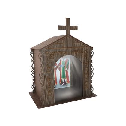Imagem de Capela Oratório Arabesco com Imagem e Led São Cosme e Damião 25x18x31 Mdf Madeira Imbuia