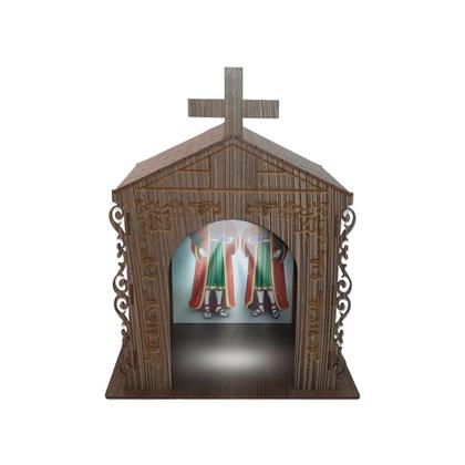 Imagem de Capela Oratório Arabesco com Imagem e Led São Cosme e Damião 25x18x31 Mdf Madeira Imbuia