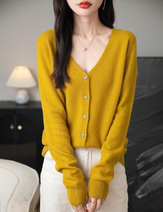 Imagem de Cardigã Chanyarn 100% lã merino com decote em V para mulheres Maple Leaf