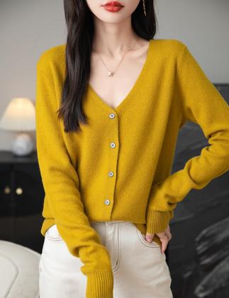 Imagem de Cardigã Chanyarn 100% lã merino com decote em V para mulheres Maple Leaf