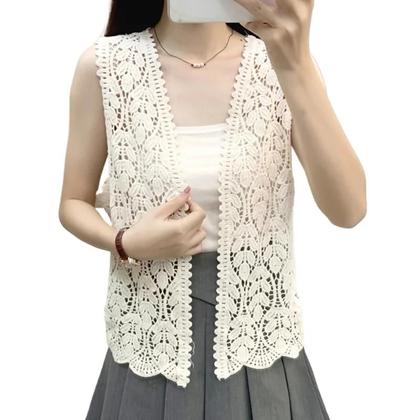 Imagem de Cardigã De Tricô Floral De Renda Sem Mangas Com Abertura Frontal Estilo Boho Para Praia Feminino