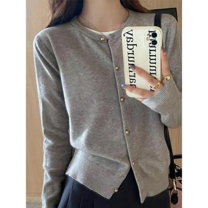 Imagem de Cardigã Feminino De Tricô Liso Com Manga Longa E Gola Redonda Estilo Coreano