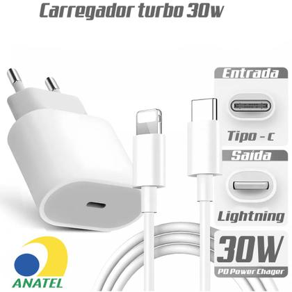 Imagem de Carregador 30W A'GOLD Turbo Fonte USB-C + Cabo 1M Compatível Iphone 7 Plus 8  X XS  XR 11  12 Mini  13  14 Pro Max 