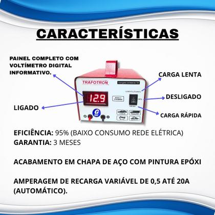 Imagem de Carregador Bateria 12v Cv20 Flutuante Carro 20ah Bivolt Voltimetro Digital