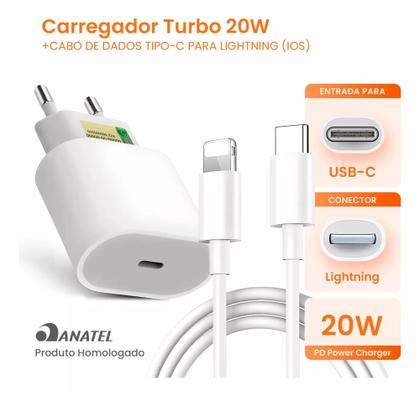 Imagem de Carregador Compativel iPhone Turbo 20w Cabo 2 Metros + Fonte Carga Rápida X 11 12 13 14 Plus Pro Max