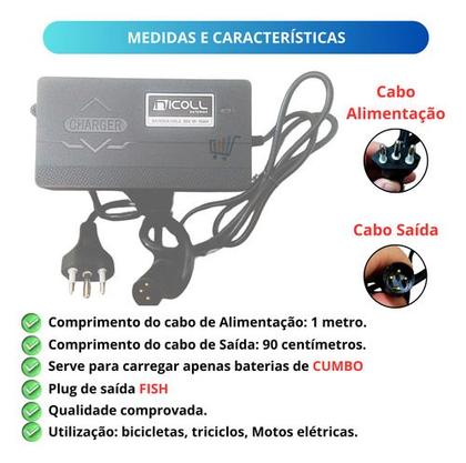 Imagem de Carregador de Bateria Bivolt Para Bicicleta Moto Patinete Elétrico 36v Original 10-15AH Conector Fish