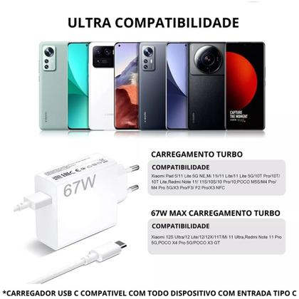 Imagem de Carregador De Carga Rápida Completo Compativel Xiaomi 67W Redmi Note 11 12 13 Poco F Mi Black Shark