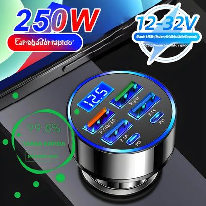 Imagem de Carregador de Carro 250W com 6 Portas USB - PD e Quick Charge 3.0 - Display Digital