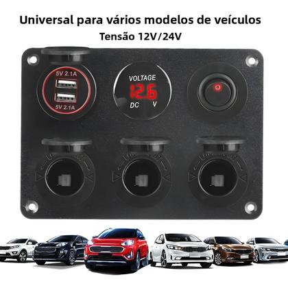 Imagem de Carregador De Carro Dual USB 12V Com Plugue De Acendedor De Cigarros, Voltmeter LED E Interruptor