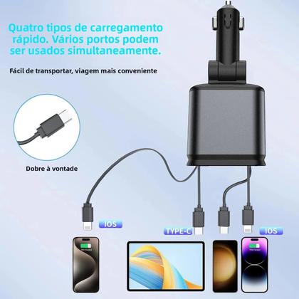 Imagem de Carregador De Carro Retrátil USB Tipo C 4 Em 1 Para IOS Android Adaptador Super Rápido Para