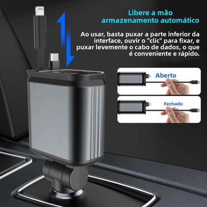 Imagem de Carregador De Carro Retrátil USB Tipo C 4 Em 1 Para IOS Android Adaptador Super Rápido Para
