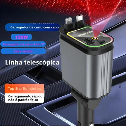 Imagem de Carregador De Carro Retrátil USB Tipo C 4 Em 1 Para IOS Android Adaptador Super Rápido Para