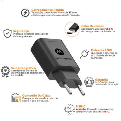 Imagem de Carregador De Parede Motorola Turbo Power 18w Cabo Usb-C - Moto E5 Plus, G4 Plus, G5 Plus, G6 Play, E6s, E6i, E7 Plus, G4 Play, G5, G8 Power Lite