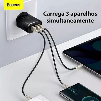 Imagem de Carregador de Parede Turbo Baseus 30W com 2 USB 1 TipoC e Cabo USBC para Lightning  Compacto e Potente