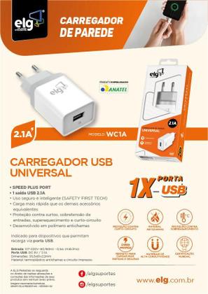 Imagem de Carregador de Parede USB Universal, 1 Porta USB 2.1A, Carga Rápida, Proteção Inteligente, Branco, WC1A, ELG