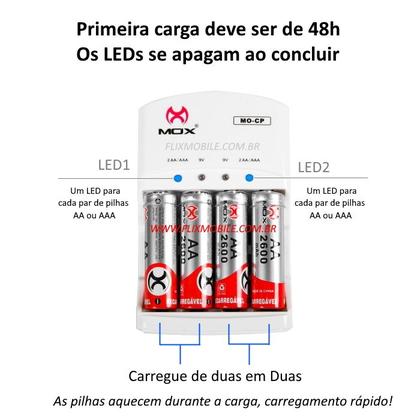 Imagem de Carregador de Pilhas Bivolt + 4 Pilhas Recarregáveis AA - Tamanho Tradicional