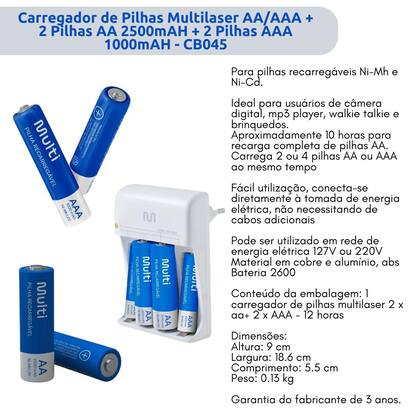 Imagem de Carregador De Pilhas Multilaser Aa aaa C 4 Pilhas Cb045