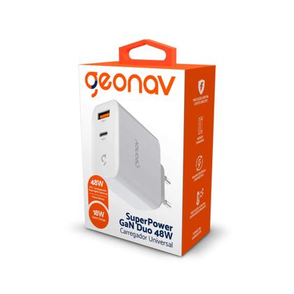Imagem de Carregador de Tomada Turbo 48W Super Power Duo Branco Entrada USB- A e Tipo C - Geonav CH48PDQCWT