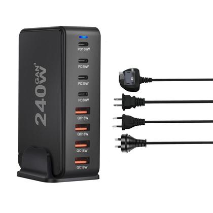 Imagem de Carregador Desktop GaN USB-C PD 240W - 8 Portas com Carregamento Rápido e USB 3.0