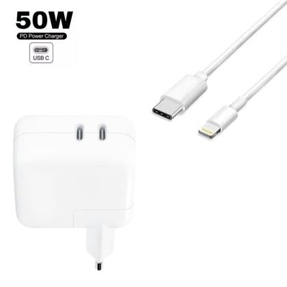 Imagem de Carregador Fonte 50W + Cabo Ultra Turbo USB-C Tipo-C Lightning Compatível com iPhone SE X XR 7/8 7/8 Plus 11 12 13 14 Pro Max