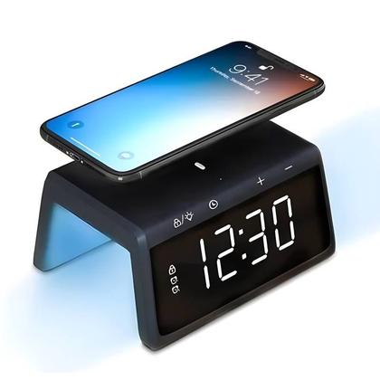 Imagem de Carregador Indução Preto Celular Elegância e Função com Relógio de Mesa Despertador e Luz Noturna RGB