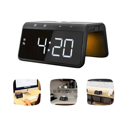 Imagem de Carregador Indução Preto Celular Elegância e Função com Relógio de Mesa Despertador e Luz Noturna RGB