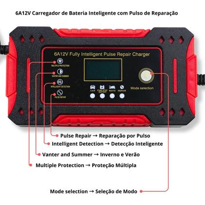 Imagem de Carregador Inteligente 12V para Bateria Automotiva  Digital Automático com Reparação por Pulso