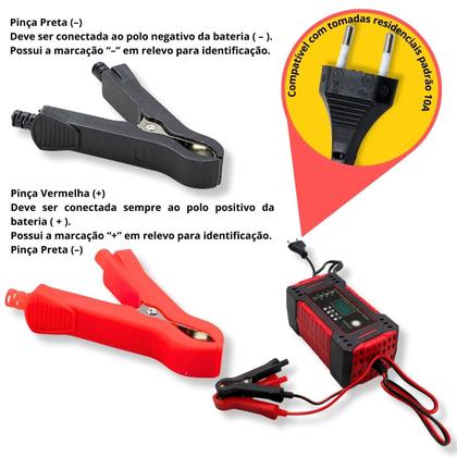 Imagem de Carregador Inteligente 12V para Bateria Automotiva  Digital Automático com Reparação por Pulso
