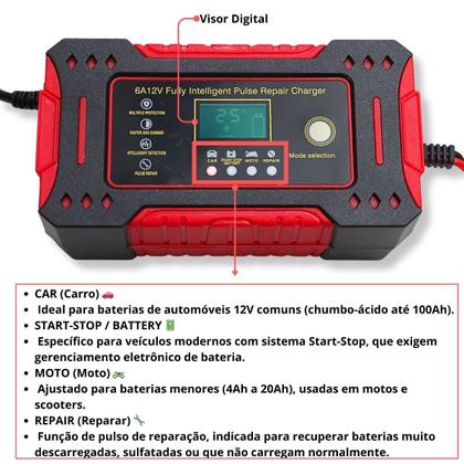 Imagem de Carregador Inteligente 12V para Bateria Automotiva  Digital Automático com Reparação por Pulso