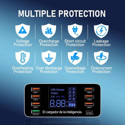 Imagem de Carregador Inteligente Profissional Usb Fast Charger 8 Portas QC + PD 40W
