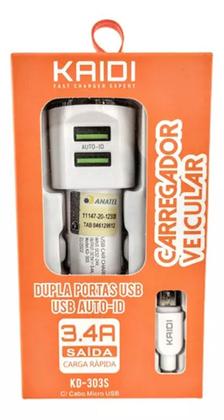 Imagem de Carregador Para Carro Kaidi 2 Usb Turbo Kd-303s + Cabo V8