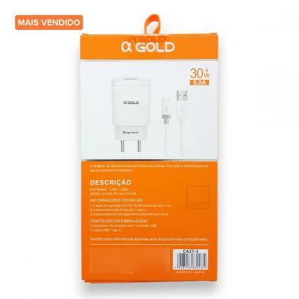 Imagem de Carregador para Celular Tablet Turbo 30W Tipo C Kit Cabo  Fonte USB 1m