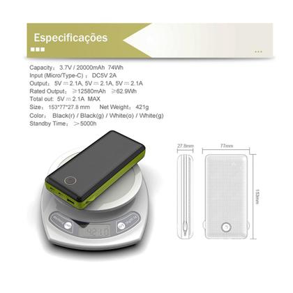 Imagem de Carregador Portátil 20000 mah Power Bank 3em1 Bateria PN-959 para Iphone 