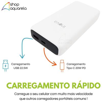 Imagem de Carregador Portátil Power Bank 22.5W Turbo 20.000mAh 1 saida USB 1 saida Tipo C Universal com Display de Bateria Original Inova