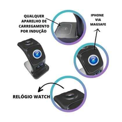 Imagem de Carregador Sem Fio 5 Em 1 Estação de Carregamento Rápido Com Relógio, Despertador e Luz Noturna (Preto)