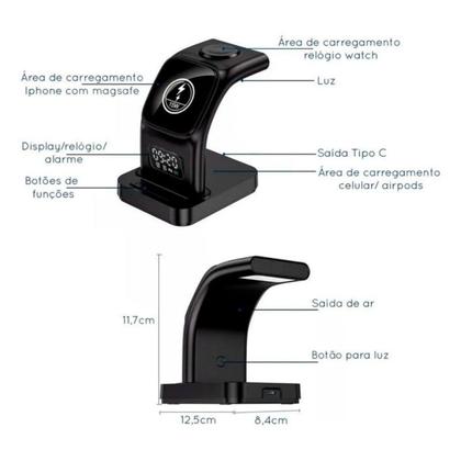 Imagem de Carregador Sem Fio 5 Em 1 Estação de Carregamento Rápido Com Relógio, Despertador e Luz Noturna (Preto)