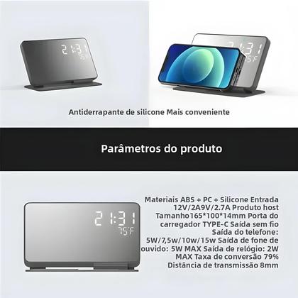 Imagem de Carregador Sem Fio e Despertador com Doca de Carregamento Rápido para iPhone 15/14 e Samsung S23/S22