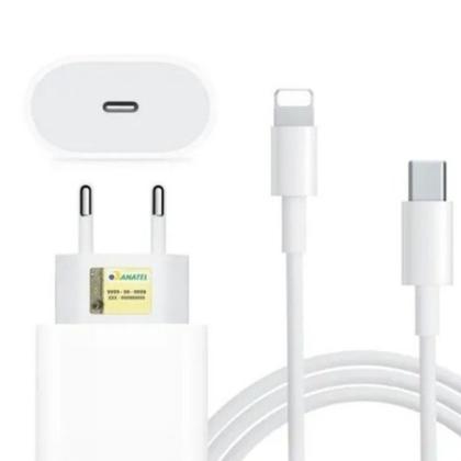 Imagem de Carregador Turbo 20w Completo Lightning Compatível com iPhone XR 11 12 13 14 Pro e Pro Max Fonte e Cabo Bivolt