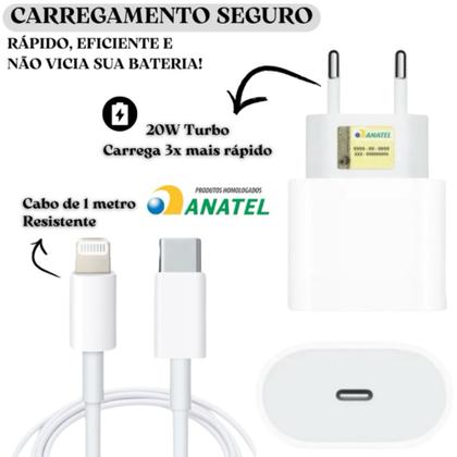Imagem de Carregador Turbo Cabo Usb C Lightning Fonte 20W Ultra Rapido Compatível Modelo iPhon 12 13 14 Inova