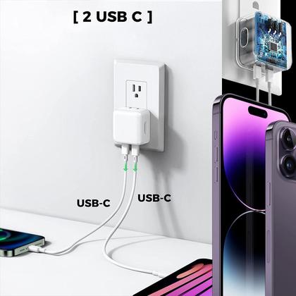 Imagem de Carregador Turbo celular 50W USB-C 2 cabos compatível iPhone e Samsung, Moto