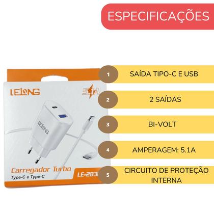 Imagem de Carregador Turbo Com 2 Entradas Tipo C Carga Rápida Lelong