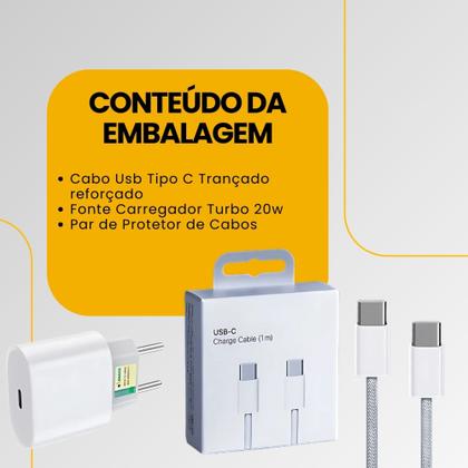 Imagem de Carregador Turbo Fonte 20w + Cabo USB-C Trançado Compatível iPhone 15 16 Pro Max Plus Ultra PD