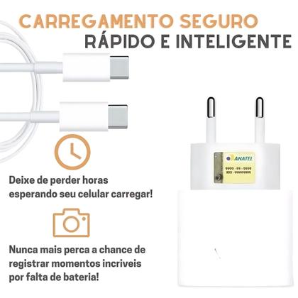 Imagem de Carregador Turbo Fonte 20w + Cabo USB-C Trançado Compatível iPhone 15 16 Pro Max Plus Ultra PD