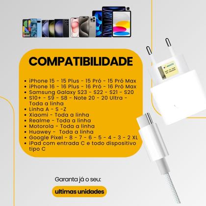 Imagem de Carregador Turbo Fonte 20w + Cabo USB-C Trançado Compatível iPhone 15 16 Pro Max Plus Ultra PD