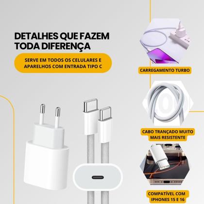 Imagem de Carregador Turbo Fonte 20w + Cabo USB-C Trançado Compatível iPhone 15 16 Pro Max Plus Ultra PD